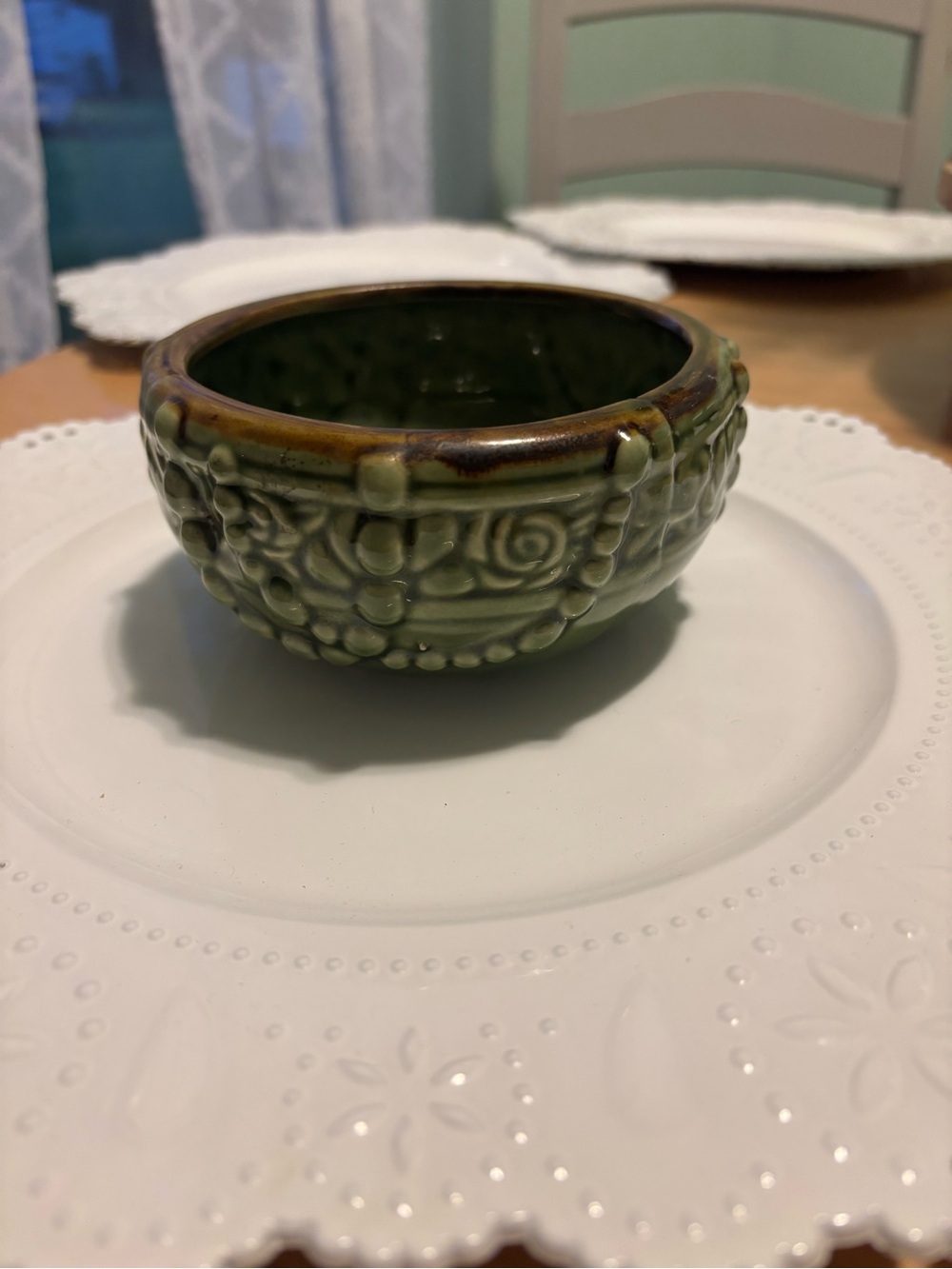 Handcrafted Green Glazed Ceramic Bowl with Brown Accent